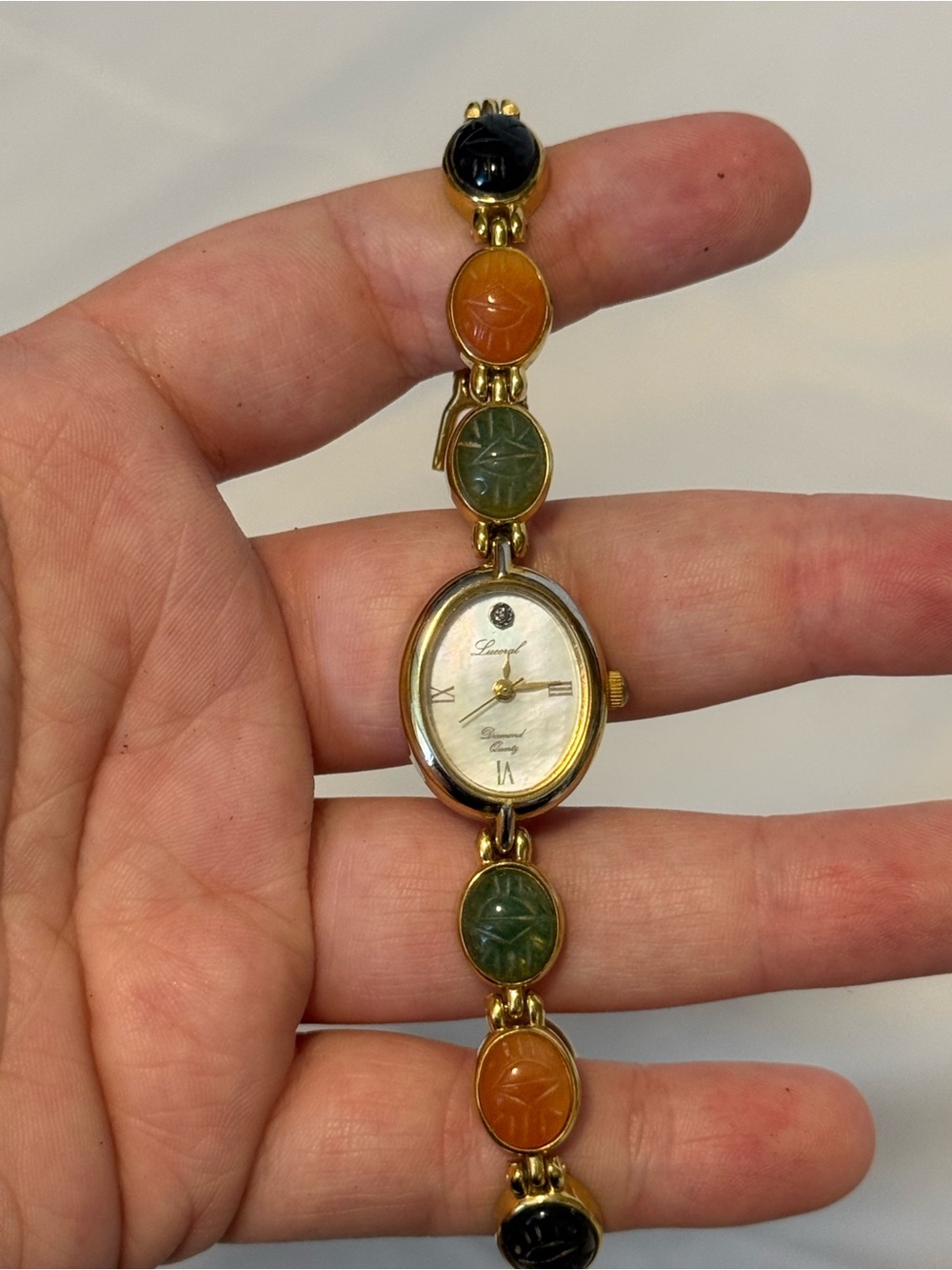 Vintage Lucoral Diamond Quartz Mother of Pearl Watch Japan Mvt Hong Kong Assembl